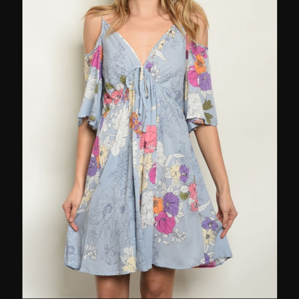SOMMER Mini Dress Floral Print Cold Shoulder V Neck Swing Skirt Sm Md Lg NWT
